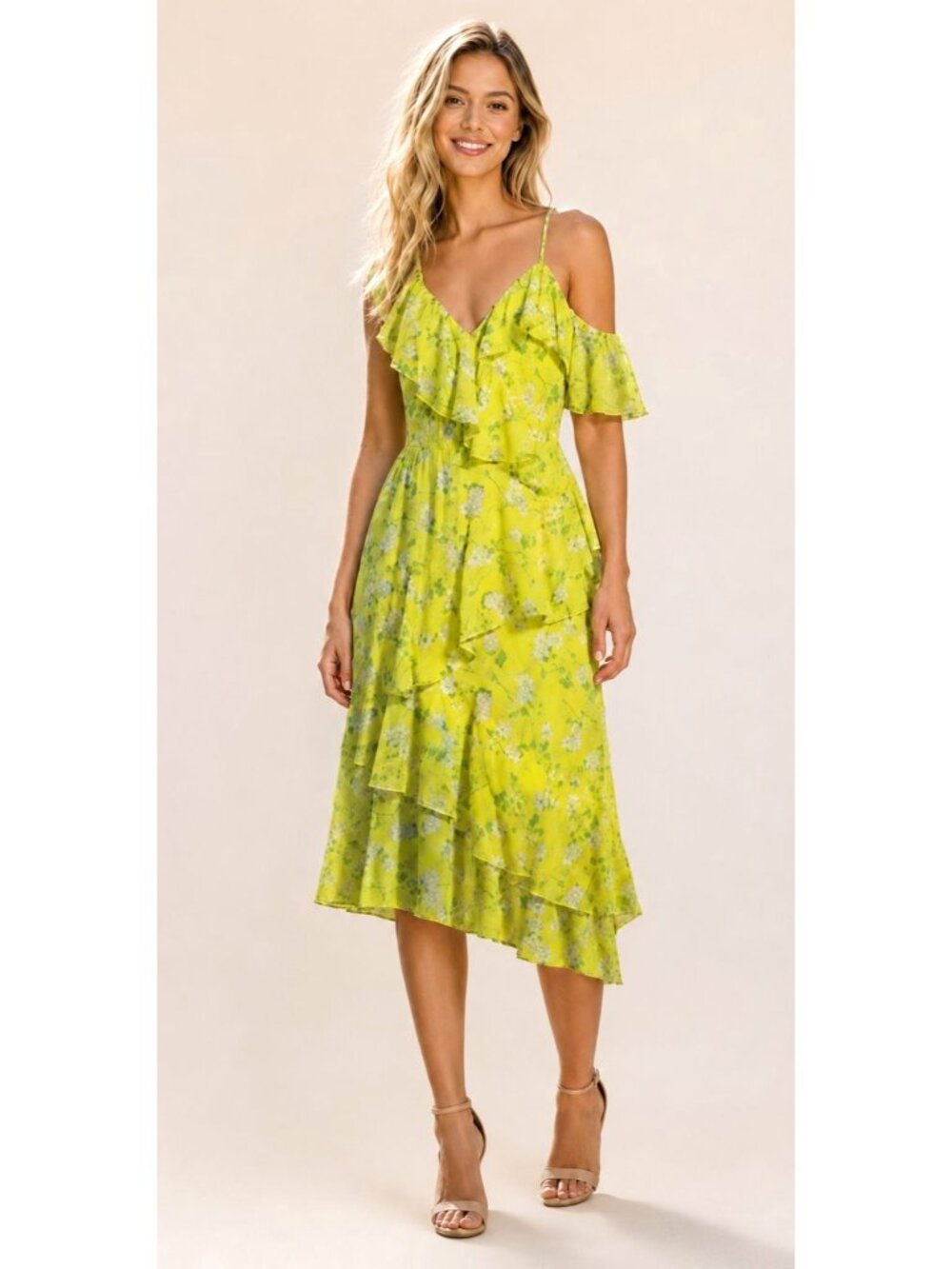 Alice + Olivia Asymmetric Cold Shoulder Midi Dress Ruffle Tiered Yellow Floral